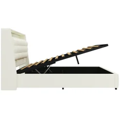 Lit Coffre Double 160x200 cm - Lit Adulte PU avec Éclairage LED et Port USB, Idéal pour la chambre - Blanc><noscript><img width=