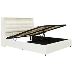 Lit Coffre Double 160x200 cm - Lit Adulte PU avec Éclairage LED et Port USB, Idéal pour la chambre - Blanc><noscript><img width=