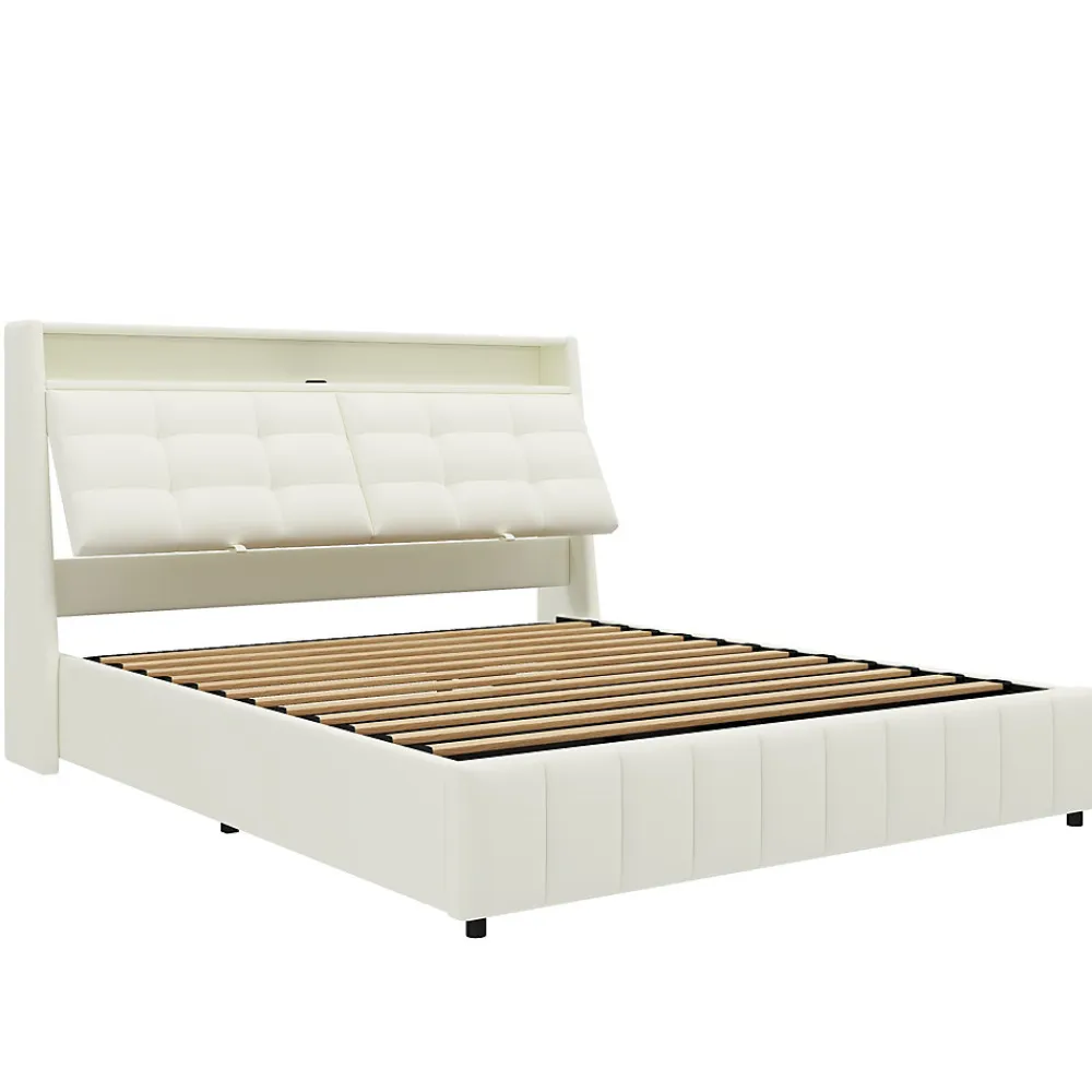 Lit Coffre Double 160x200 cm - Lit Adulte PU avec Éclairage LED et Port USB, Idéal pour la chambre - Blanc>Okwish Sale