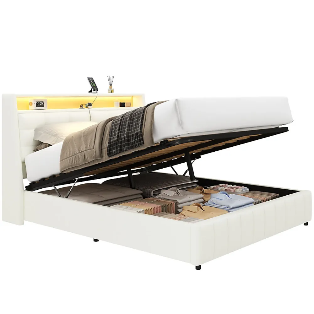 Lit Coffre Double 160x200 cm - Lit Adulte PU avec Éclairage LED et Port USB, Idéal pour la chambre - Blanc>Okwish Sale