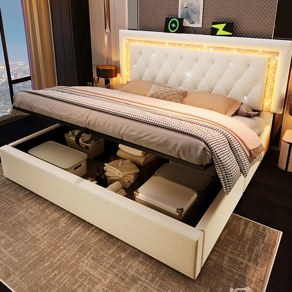 Lit Coffre Double 160x200 cm - LED Diamant et USB Type-C, Rangement Hydraulique, Sommier à Lattes, Velours Beige - Sans Matelas>Okwish Best