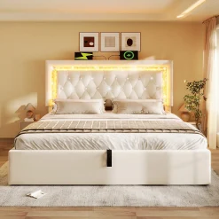 Lit Coffre Double 160x200 cm - LED Diamant et USB Type-C, Rangement Hydraulique, Sommier à Lattes, Velours Beige - Sans Matelas>Okwish Best