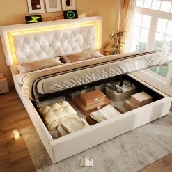 Lit Coffre Double 160x200 cm - LED Diamant et USB Type-C, Rangement Hydraulique, Sommier à Lattes, Velours Beige - Sans Matelas><noscript><img width=