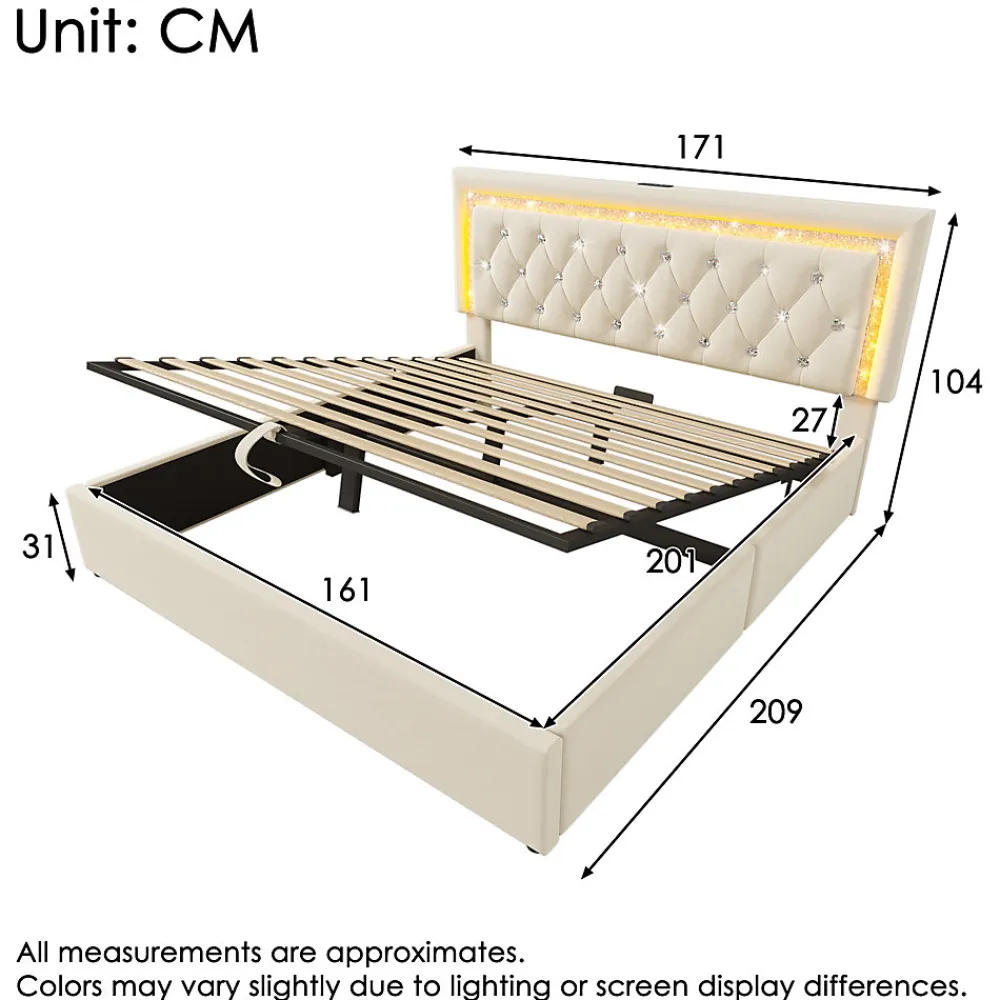 Lit Coffre Double 160x200 cm - LED Diamant et USB Type-C, Rangement Hydraulique, Sommier à Lattes, Velours Beige - Sans Matelas>Okwish Best