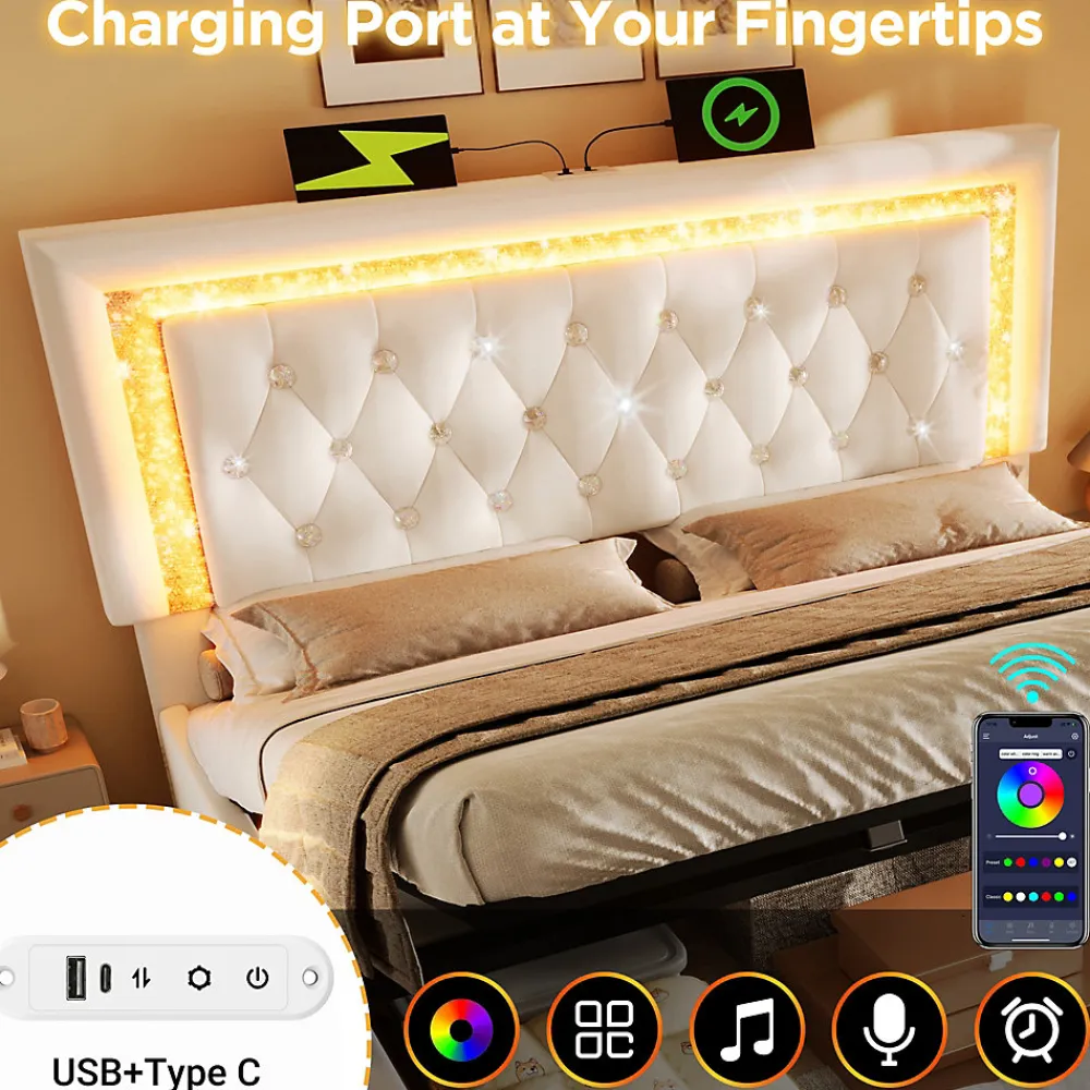Lit Coffre Double 160x200 cm - LED Diamant et USB Type-C, Rangement Hydraulique, Sommier à Lattes, Velours Beige - Sans Matelas>Okwish Best