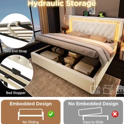 Lit Coffre Double 160x200 cm - LED Diamant et USB Type-C, Rangement Hydraulique, Sommier à Lattes, Velours Beige - Sans Matelas><noscript><img width=
