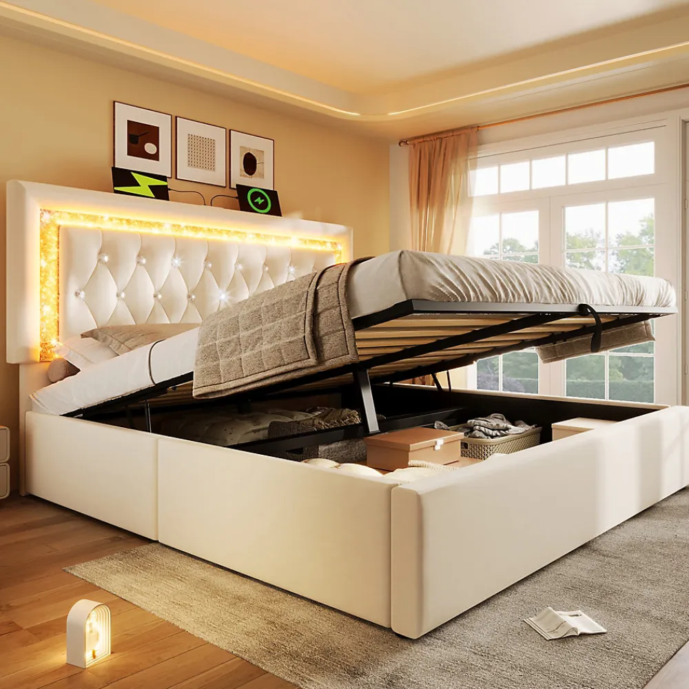 Lit Coffre Double 160x200 cm - LED Diamant et USB Type-C, Rangement Hydraulique, Sommier à Lattes, Velours Beige - Sans Matelas>Okwish Best