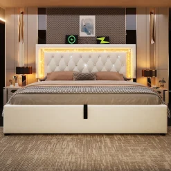Lit Coffre Double 160x200 cm - LED Diamant et USB Type-C, Rangement Hydraulique, Sommier à Lattes, Velours Beige - Sans Matelas><noscript><img width=