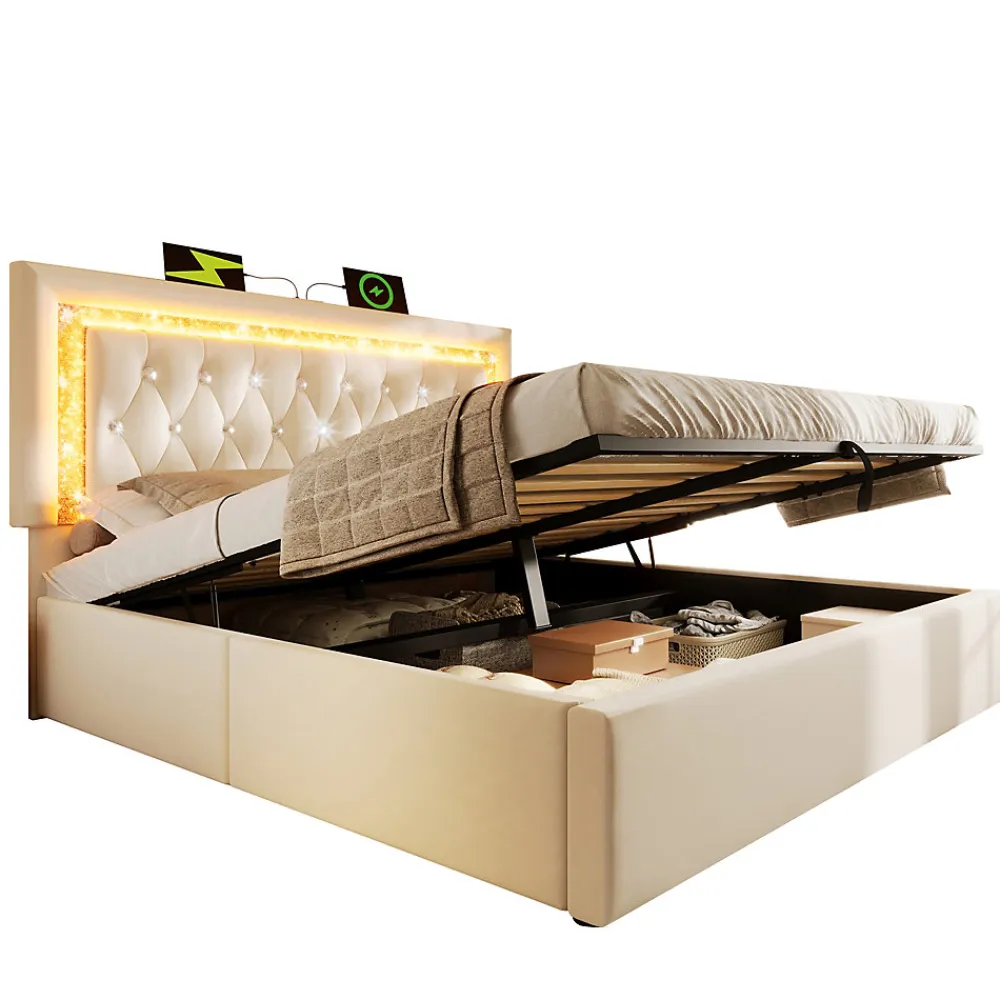 Lit Coffre Double 160x200 cm - LED Diamant et USB Type-C, Rangement Hydraulique, Sommier à Lattes, Velours Beige - Sans Matelas>Okwish Best