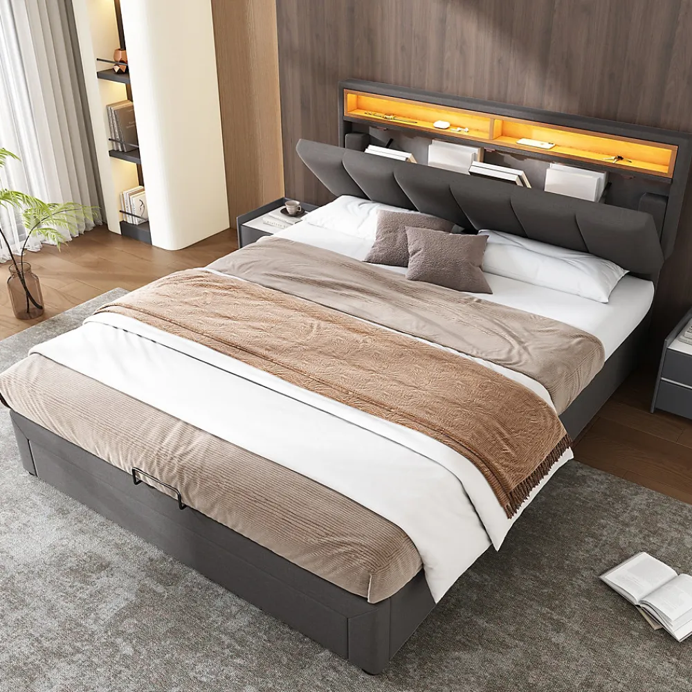 Okwish Lit Coffre Double 140x190 cm - Lit Hydraulique avec Rangement et Éclairage LED - Tissu Lin - Sans Matelas - Gris* Lit Coffre