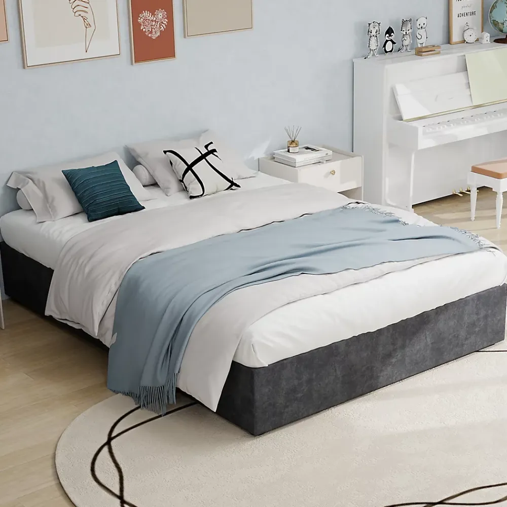 Okwish Lit Coffre Double 160x200 cm - Moderne en Velours Hollandais avec Vérin Hydraulique, Sans Tête de Lit - Gris - Sans Matelas* Lit Coffre
