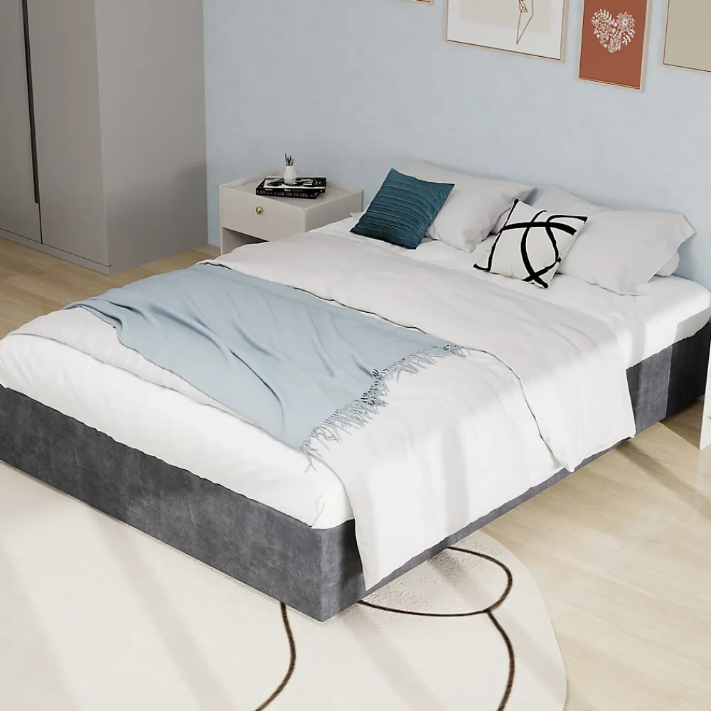 Okwish Lit Coffre Double 160x200 cm - Moderne en Velours Hollandais avec Vérin Hydraulique, Sans Tête de Lit - Gris - Sans Matelas* Lit Coffre