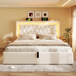 Okwish Lit Coffre Double 140x200 cm - Tête de Lit LED et USB Type-C, Sommier à Lattes, Rangement Hydraulique, Velours Beige, Sans Matelas* Lit Coffre