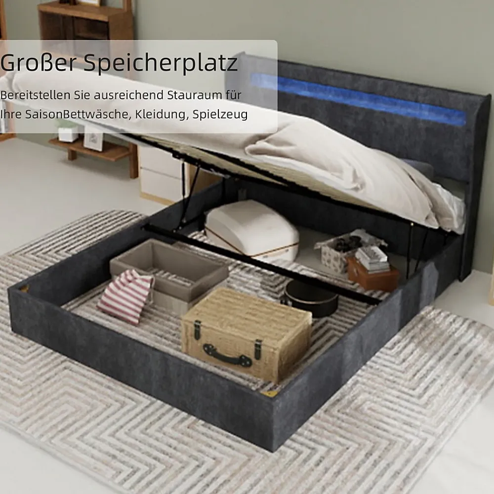 Okwish Lit Coffre Double 140x200 cm Adulte Moderne, Mécanisme à Vérin à Gaz et Rangement, Sans Tête de Lit, Sans Matelas, Velours Gris* Lit Coffre