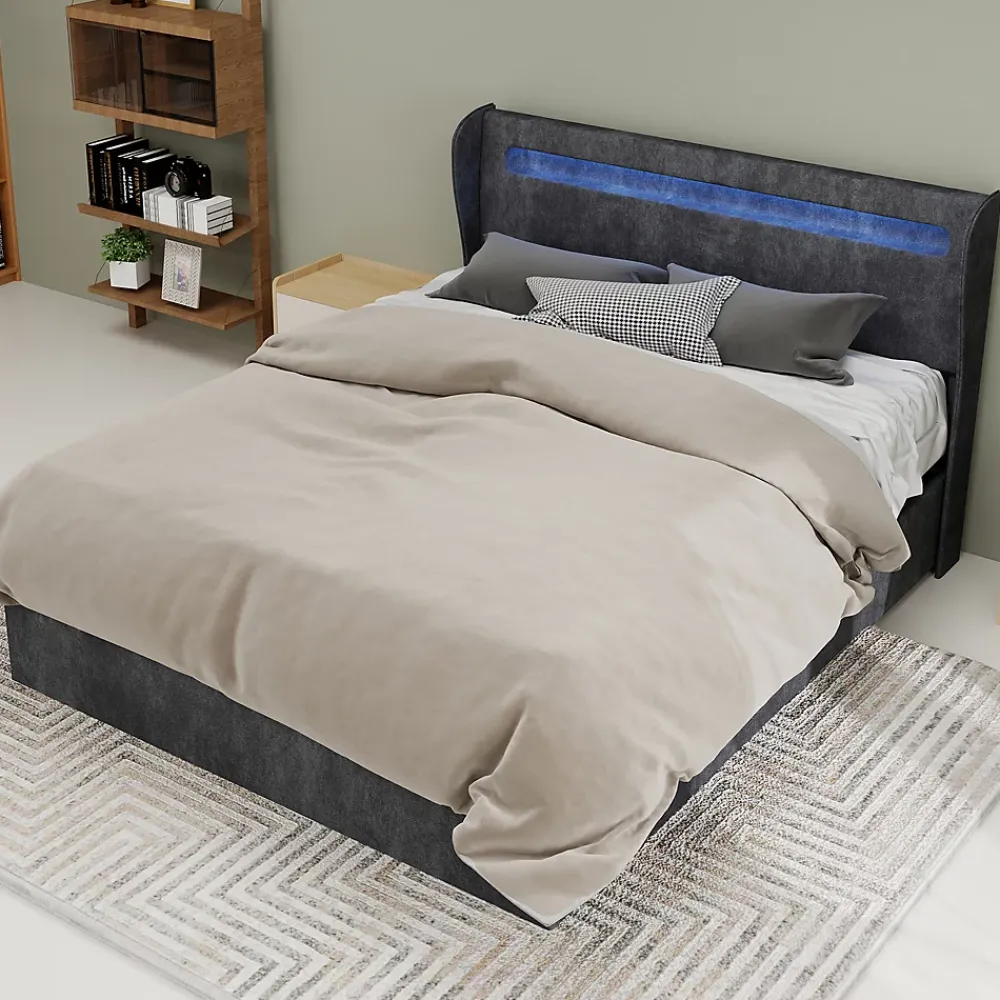 Okwish Lit Coffre Double 140x200 cm Adulte Moderne, Mécanisme à Vérin à Gaz et Rangement, Sans Tête de Lit, Sans Matelas, Velours Gris* Lit Coffre