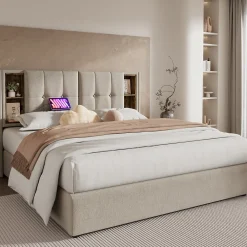 Lit Coffre Double 140x200 cm avec LED et Port USB, Lit Rembourré Moderne avec Coffre Hydraulique - Lin Naturel - Sans Matelas><noscript><img width=