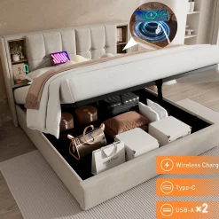 Lit Coffre Double 140x200 cm avec LED et Port USB, Lit Rembourré Moderne avec Coffre Hydraulique - Lin Naturel - Sans Matelas><noscript><img width=