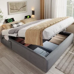 Lit Coffre Double 160x200 cm avec Coffre de Rangement et Port USB-C, Cadre Bois Massif et Coton Gris, Sans Matelas>Okwish Outlet