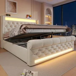 Okwish Lit Coffre Double 140x200 cm avec LED et Ports USB Type-C - Tête de Lit avec Rangement - Velours Beige - Matelas Inclus* Ensemble Sommier Et Matelas