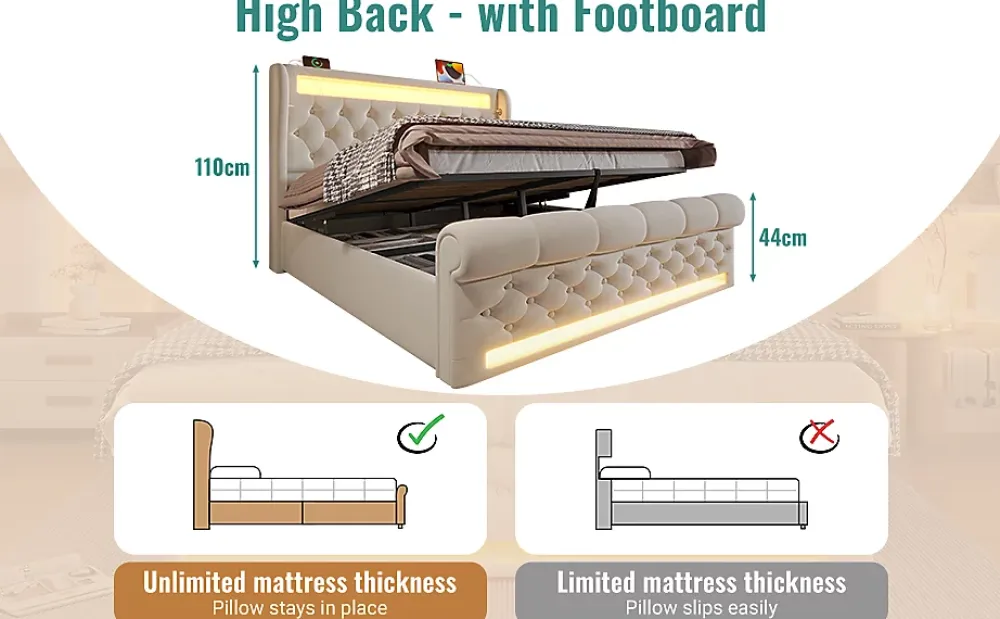 Okwish Lit Coffre Double 140x200 cm avec LED et Ports USB Type-C - Tête de Lit avec Rangement - Velours Beige - Matelas Inclus* Ensemble Sommier Et Matelas