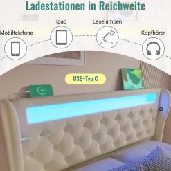 Okwish Lit Coffre Double 140x200 cm avec LED et Ports USB Type-C - Tête de Lit avec Rangement - Velours Beige - Matelas Inclus* Ensemble Sommier Et Matelas