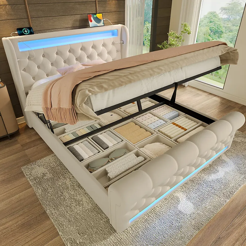 Okwish Lit Coffre Double 140x200 cm avec LED et Ports USB Type-C - Tête de Lit avec Rangement - Velours Beige - Matelas Inclus* Ensemble Sommier Et Matelas