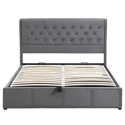 Lit Coffre Double 140x190 cm avec Système Hydraulique, Lit Capitonné en Velours, Gris - Sans Matelas><noscript><img width=