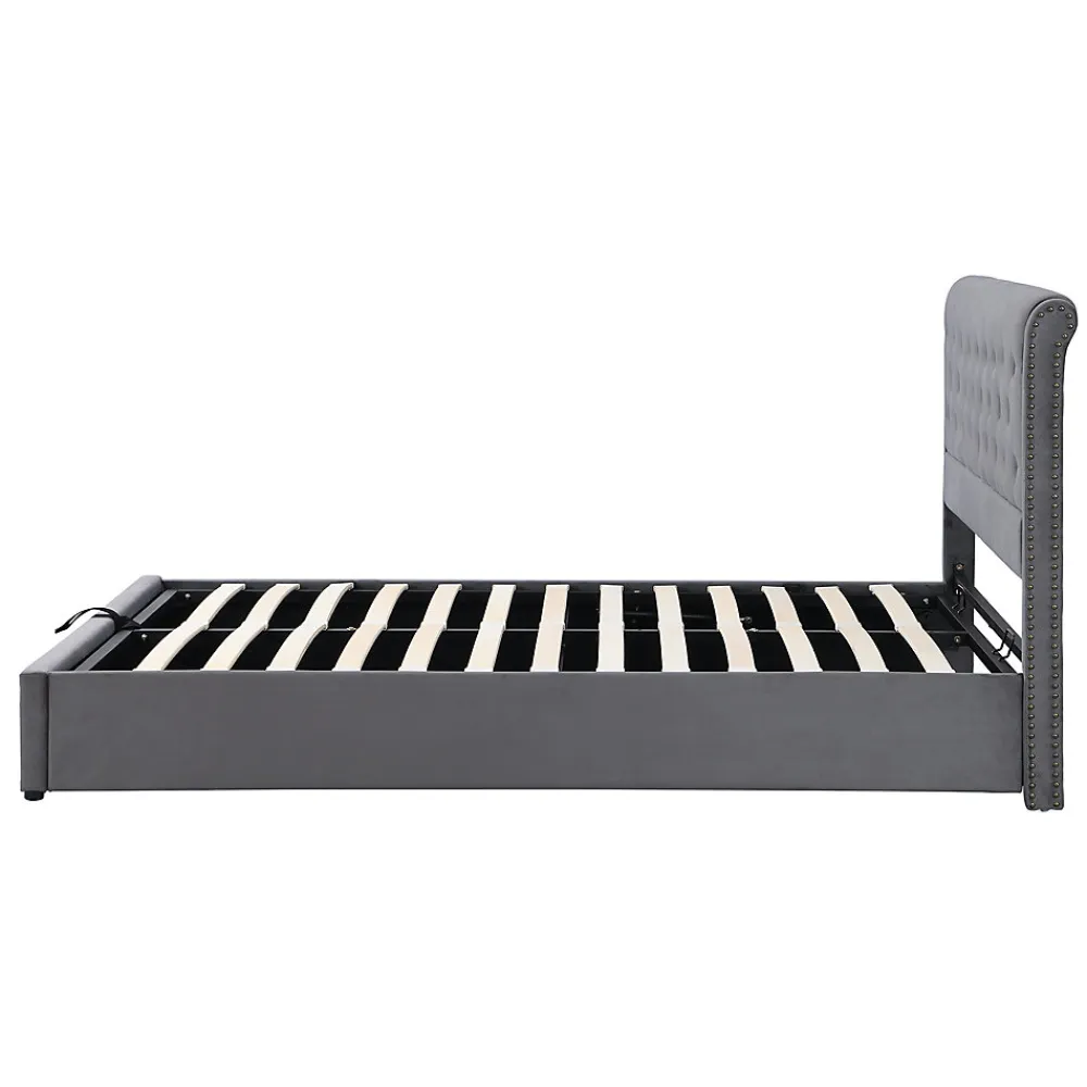 Lit Coffre Double 140x190 cm avec Système Hydraulique, Lit Capitonné en Velours, Gris - Sans Matelas>Okwish Online