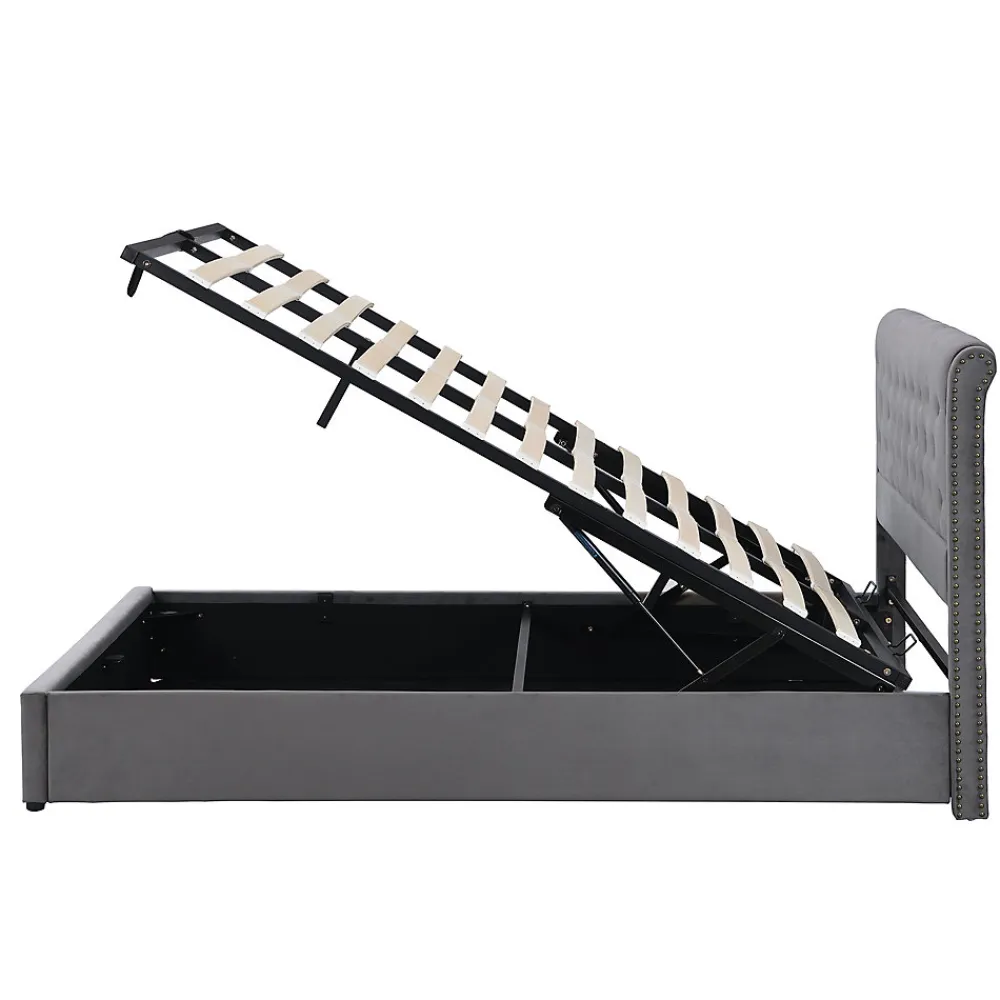 Lit Coffre Double 140x190 cm avec Système Hydraulique, Lit Capitonné en Velours, Gris - Sans Matelas>Okwish Online