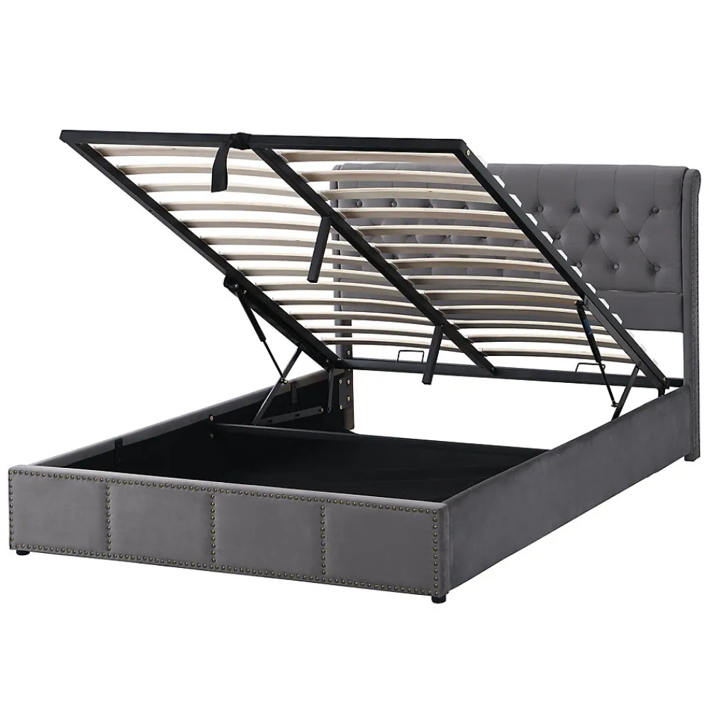 Lit Coffre Double 140x190 cm avec Système Hydraulique, Lit Capitonné en Velours, Gris - Sans Matelas>Okwish Online