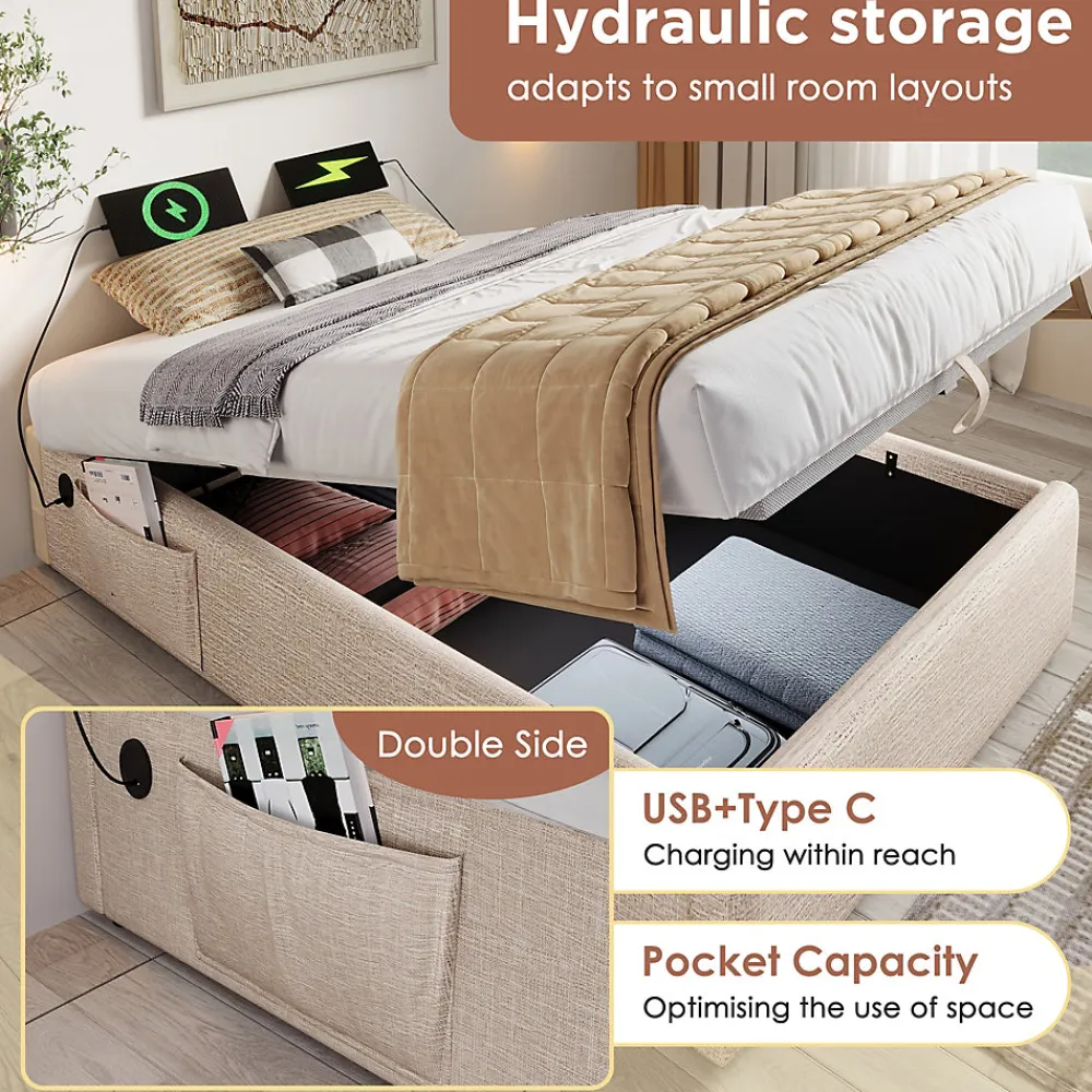 Okwish Lit Coffre Double 160x200 cm avec Rangement Intégré et Port USB-C, Cadre Bois et Lin Beige, Sans Matelas* Lit Coffre