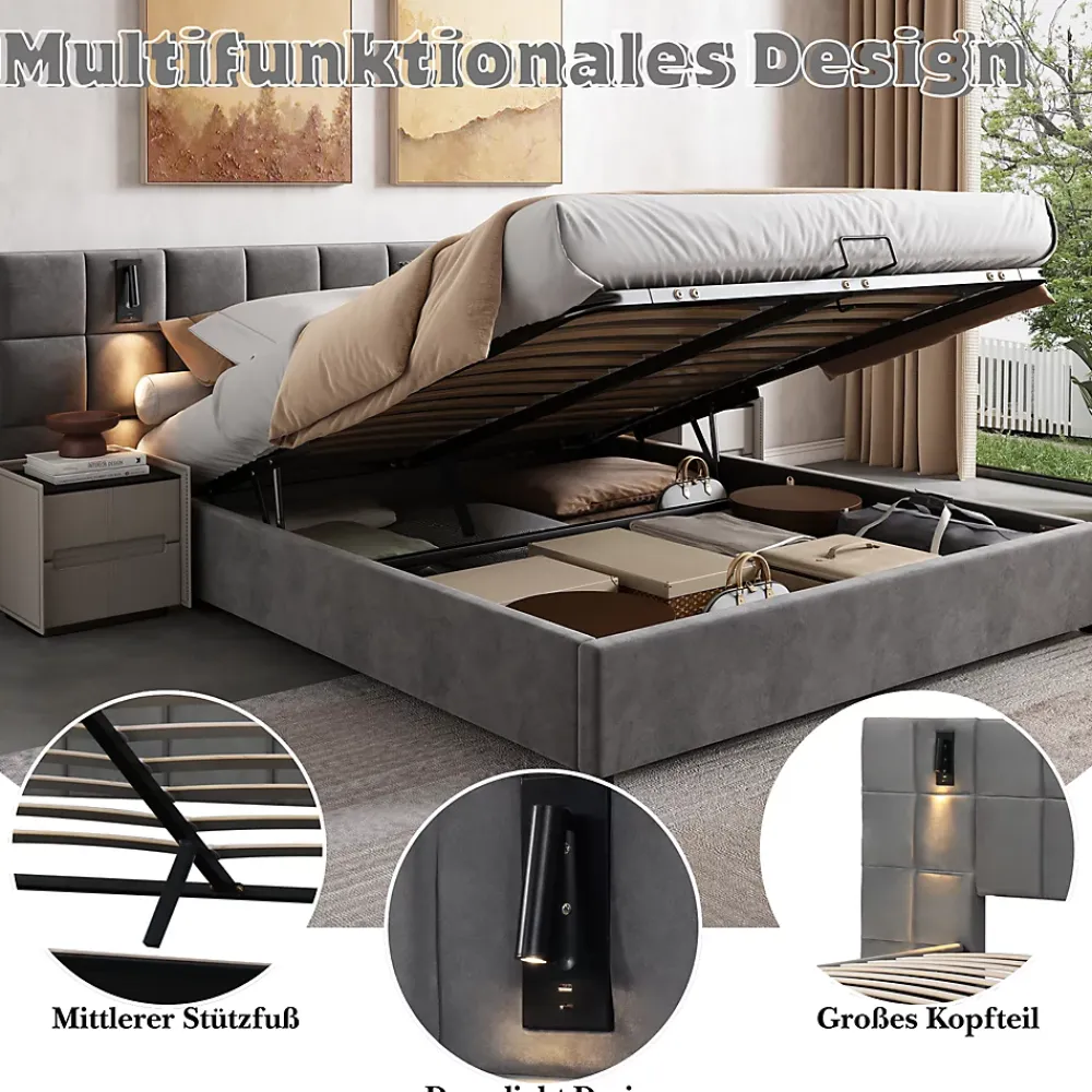 Okwish Lit Coffre Double 160x200 cm avec Lampe Directionnelle et Port USB, Lit Capitonné en Velours, Gris - Sans Matelas* Lit Coffre