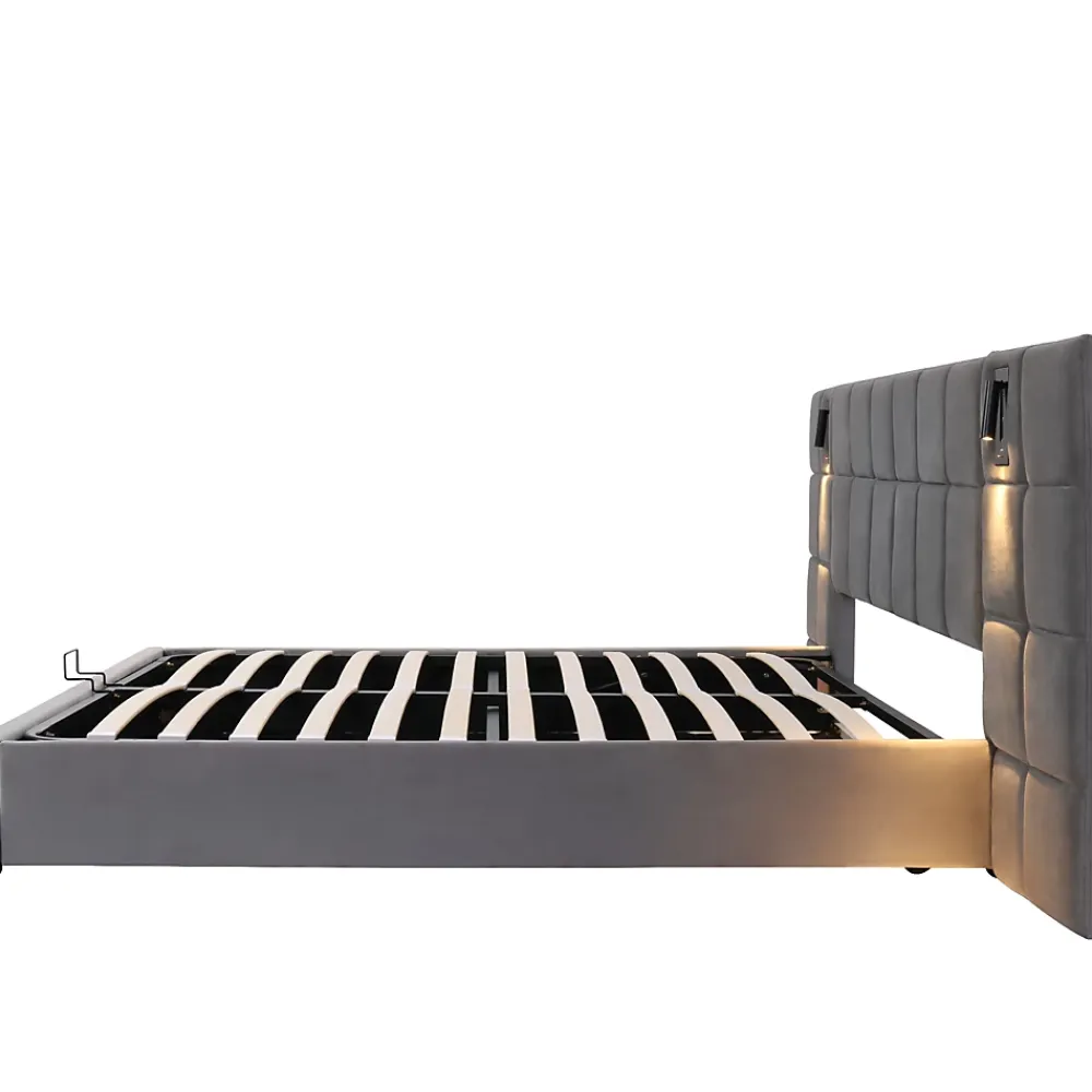 Okwish Lit Coffre Double 160x200 cm avec Lampe Directionnelle et Port USB, Lit Capitonné en Velours, Gris - Sans Matelas* Lit Coffre