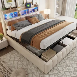 Lit Coffre Double 180x200 cm Capitonné avec Rangement Hydraulique et Tête de Lit LED - Tissu Lin Beige>Okwish Online