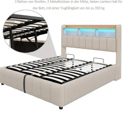 Lit Coffre Double 180x200 cm Capitonné avec Rangement Hydraulique et Tête de Lit LED - Tissu Lin Beige><noscript><img width=