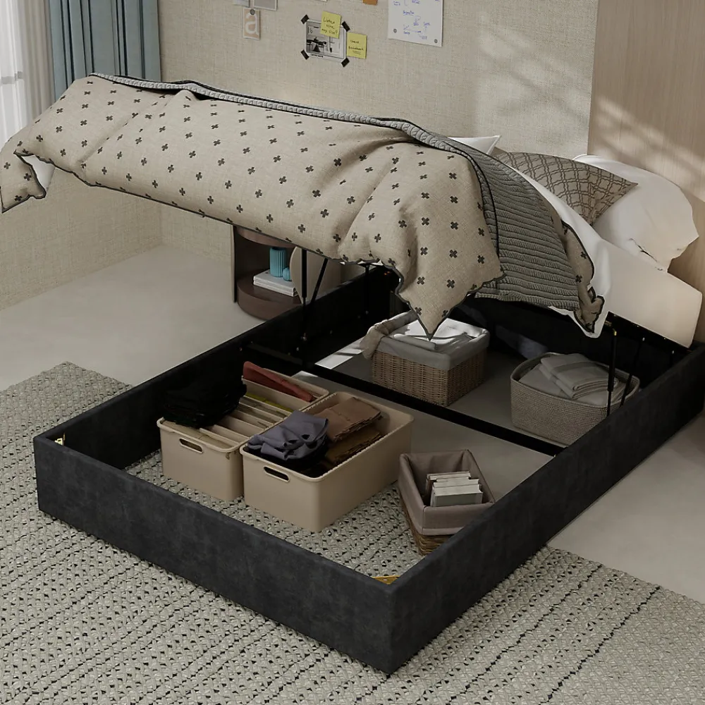 Lit Coffre Double 140x200 cm, Lit Adulte et Ado avec Vérins Hydrauliques et Coffre Intégré, Velours Hollandais Gris, Sans Matelas>Okwish
