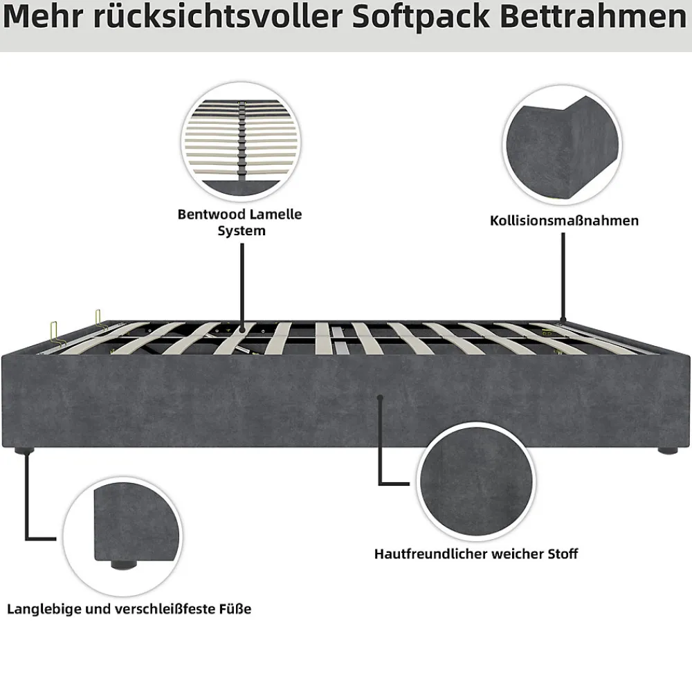 Lit Coffre Double 140x200 cm, Lit Adulte et Ado avec Vérins Hydrauliques et Coffre Intégré, Velours Hollandais Gris, Sans Matelas>Okwish