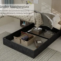 Lit Coffre Double 140x200 cm, Lit Adulte et Ado avec Vérins Hydrauliques et Coffre Intégré, Velours Hollandais Gris, Sans Matelas><noscript><img width=