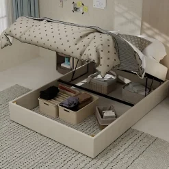 Okwish Lit Coffre Double 140x200 cm, Lit Adulte et Ado avec Vérins Hydrauliques, Cadre Moderne, Velours Hollandais Beige, Sans Matelas* Lit Coffre