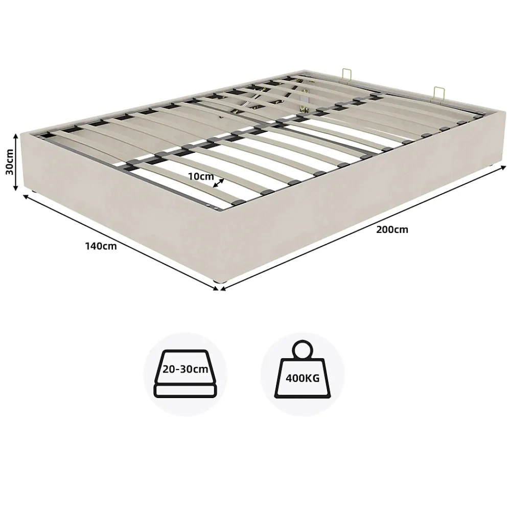 Okwish Lit Coffre Double 140x200 cm, Lit Adulte et Ado avec Vérins Hydrauliques, Cadre Moderne, Velours Hollandais Beige, Sans Matelas* Lit Coffre