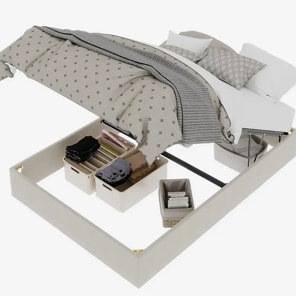Okwish Lit Coffre Double 140x200 cm, Lit Adulte et Ado avec Vérins Hydrauliques, Cadre Moderne, Velours Hollandais Beige, Sans Matelas* Lit Coffre