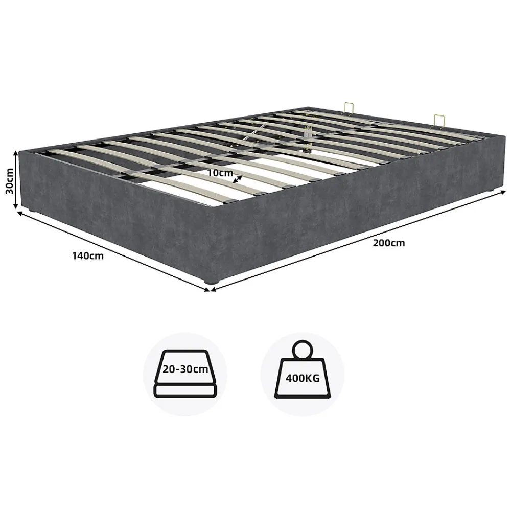 Lit Coffre Double 140x200 cm, Lit Adulte avec Vérins Hydrauliques et Rangement Intégré, Cadre Robuste, Velours Gris>Okwish Hot