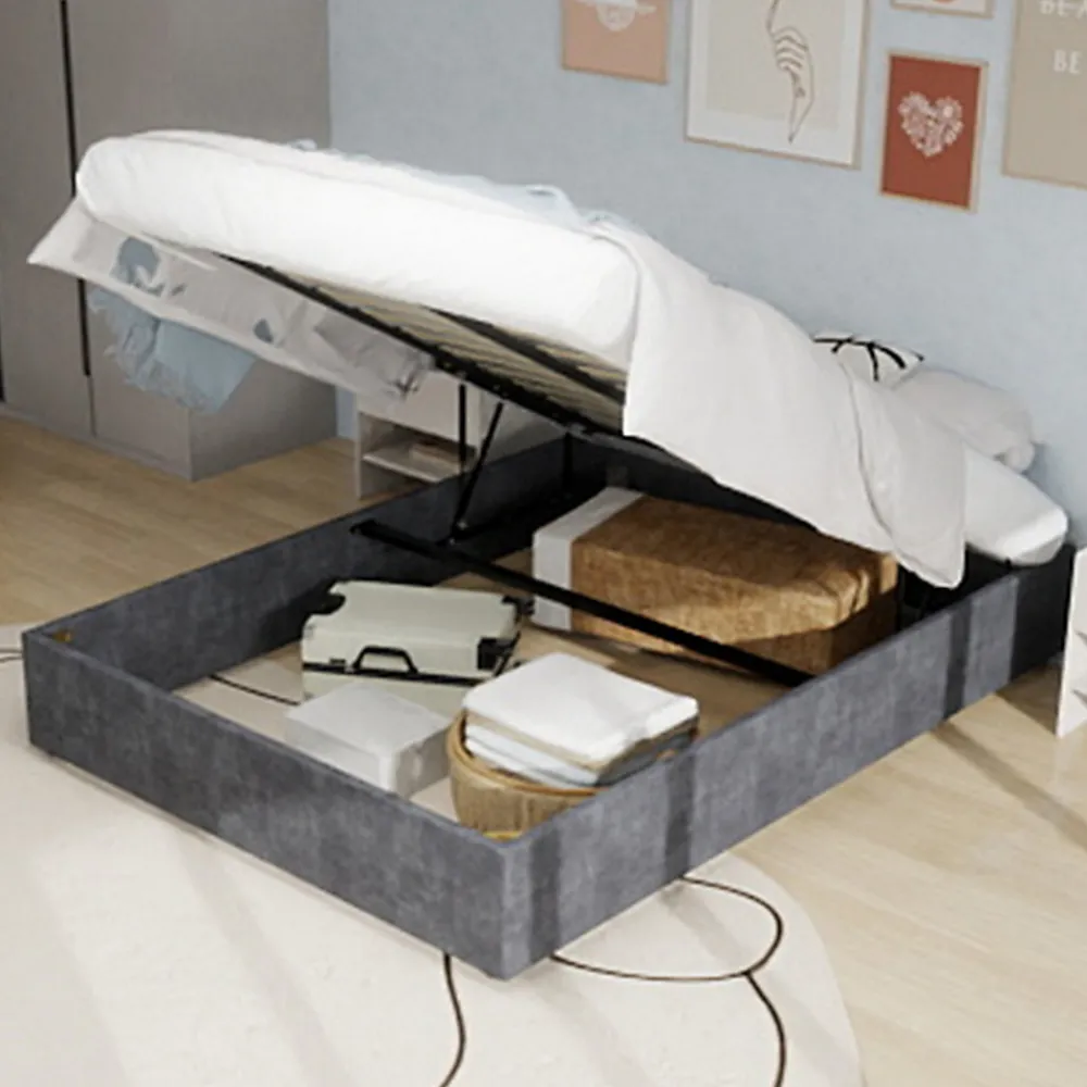 Lit Coffre Double 160x200 cm, Lit Adulte avec Vérin Hydraulique et Cadre Moderne, Sans Matelas, Gris>Okwish