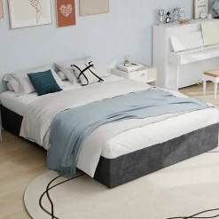 Lit Coffre Double 160x200 cm, Lit Adulte et Ado avec Vérins Hydrauliques, Cadre Moderne en Velours Hollandais Gris, Sans Matelas>Okwish Clearance
