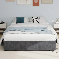 Lit Coffre Double 160x200 cm, Lit Adulte et Ado avec Vérins Hydrauliques, Cadre Moderne en Velours Hollandais Gris, Sans Matelas><noscript><img width=