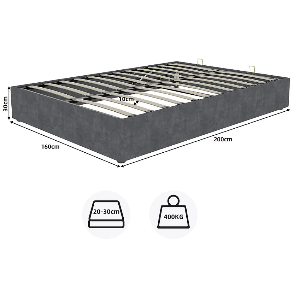 Lit Coffre Double 160x200 cm, Lit Adulte et Ado avec Vérins Hydrauliques, Cadre Moderne en Velours Hollandais Gris, Sans Matelas>Okwish Clearance