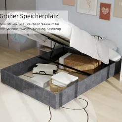 Lit Coffre Double 160x200 cm, Lit Adulte et Ado avec Vérins Hydrauliques, Cadre Moderne en Velours Hollandais Gris, Sans Matelas><noscript><img width=