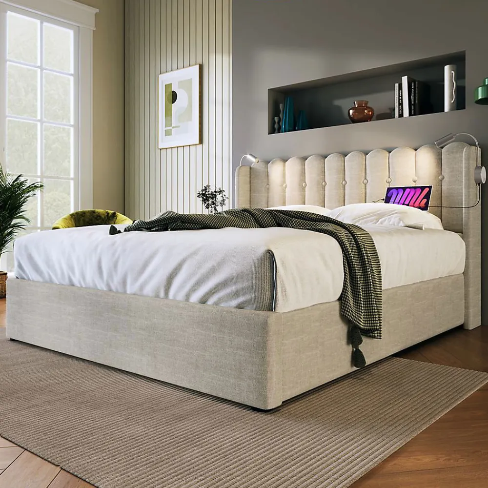 Lit Coffre Double 160x200cm Rembourré Rangement Lin Naturel>Blackcolors