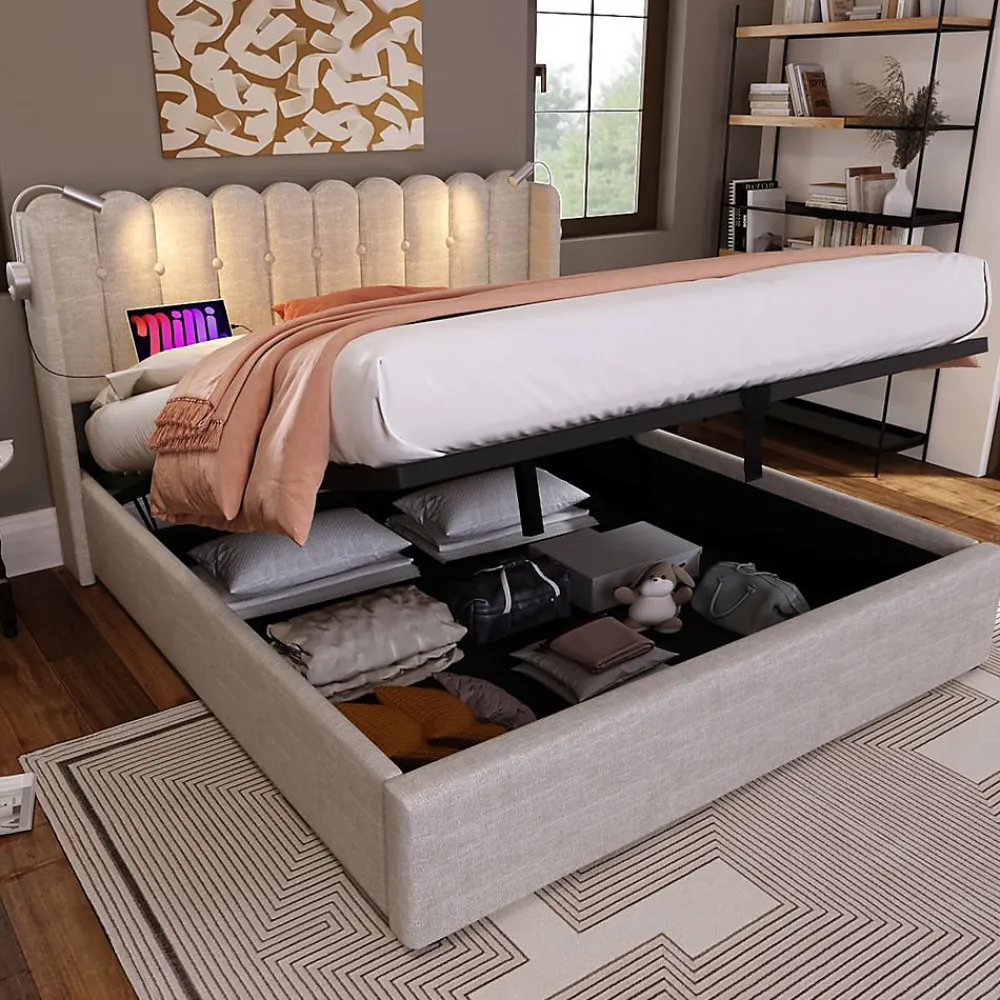 Lit Coffre Double 160x200cm Rembourré Rangement Lin Naturel>Blackcolors