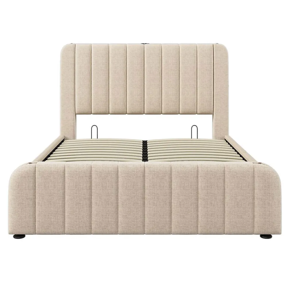 Lit Coffre Double 140x200cm Rembourré Usb-C Lin Beige>Blackcolors Outlet